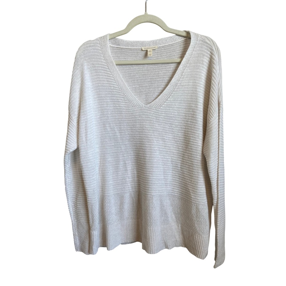 Eileen Fisher White Organic Linen V-Neck Ribbed Knit Sweater Medium